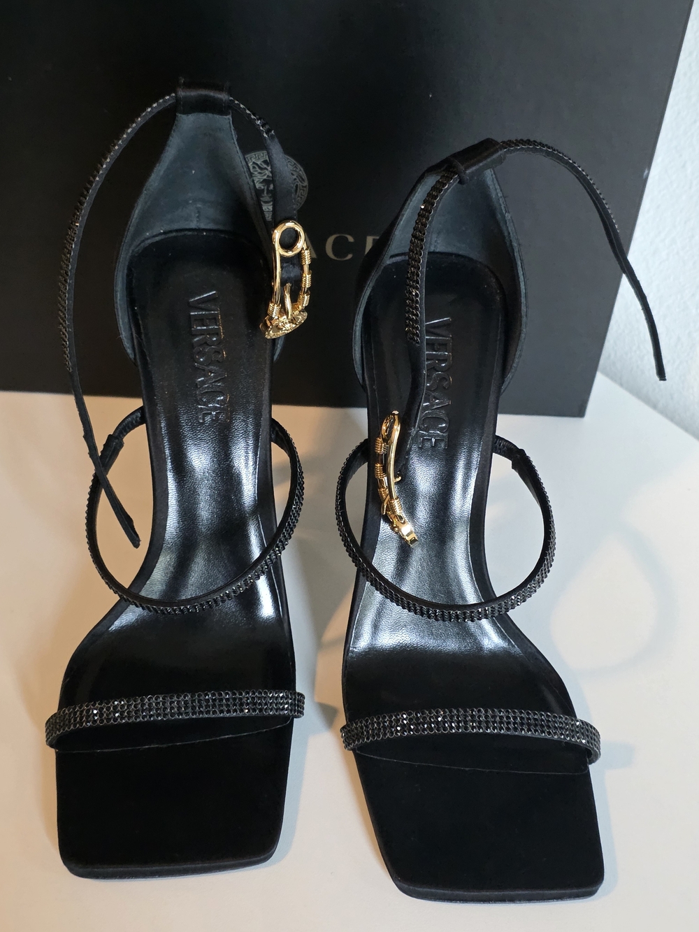 Versace Black Satin Crystal Strap High Heel Sandals - Picture 3 of 5